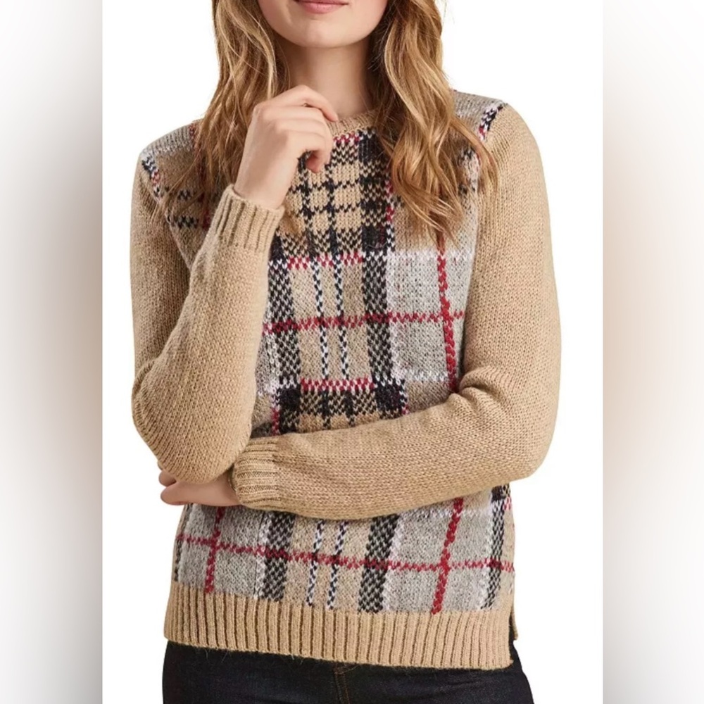 Barbour Knit Sweater Morlich Tan Beige Plaid With Mohair Wool Blend - Picture 3 of 10